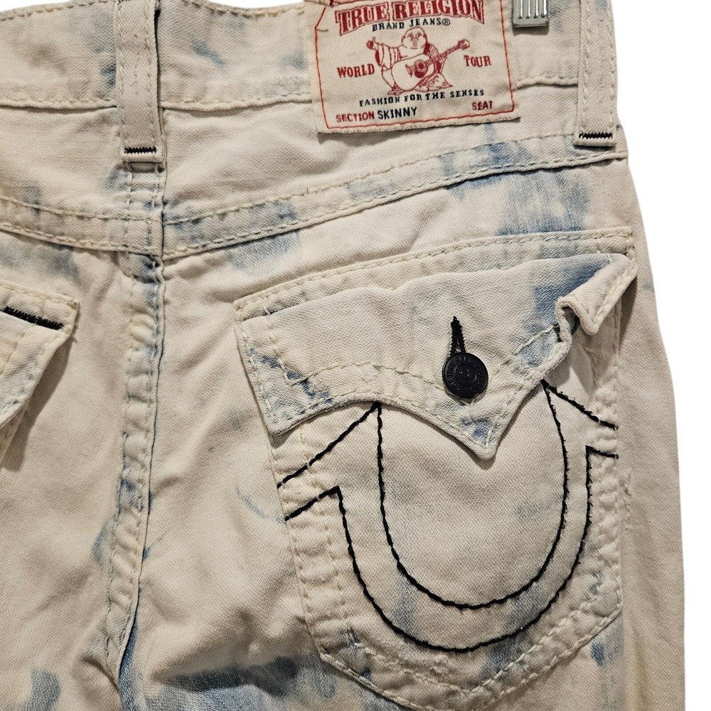 True Religion Jeans Men 32 White Skinny Flap Big T Midnight Distressed Acid Wash